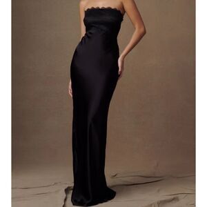 MESHKI Darcie Strapless Satin Maxi Dress Black Medium NWT in packaging